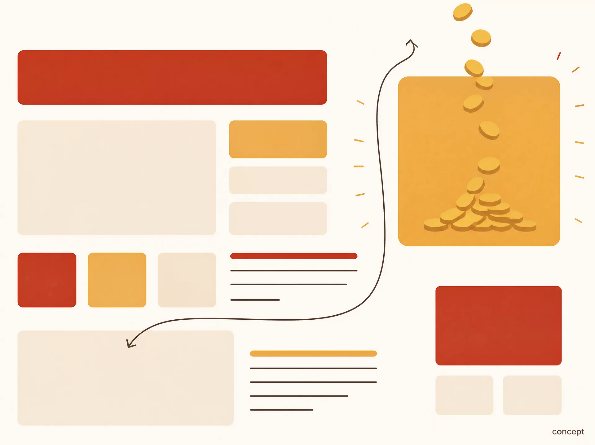 Labeled 'concept': a thin stream of gold coin discs flows into a small ad-slot rectangle in one corner of the frame, while a single flowing attention line curves around the ad slot and settles over the open content area instead.