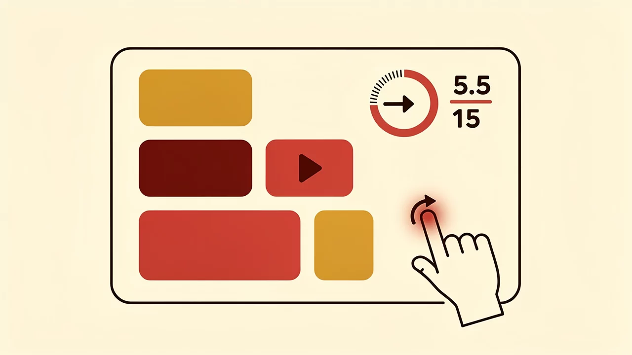 Illustration of a video ad player's countdown ring depleting clockwise and highlighting in red at the 5.5-second mark, the moment an abstract cursor taps the now-active skip icon.
