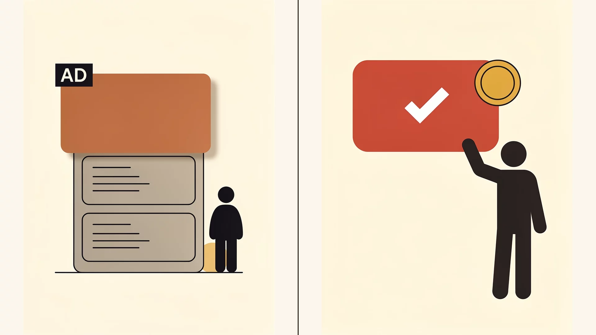 Illustration, split-screen contrast frozen mid-loop: on the left, in muted desaturated tones, an ad card exits the frame mid-bounce; on the right, in full color, a silhouette figure's completed quest card glows with a reward badge visible.