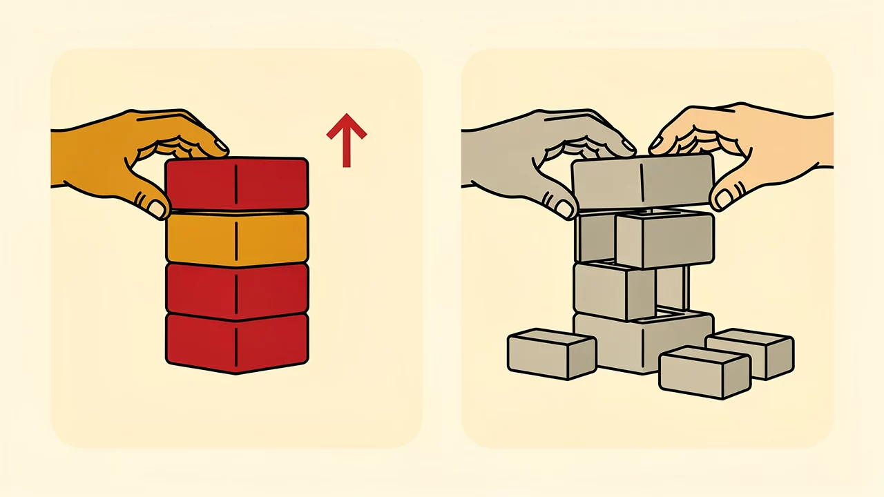 Line-art illustration of two paired vignettes: hands finish stacking a set of blocks as a small value arrow rises beside it, while the same hands leave an identical stack unfinished, desaturated, with no value arrow.