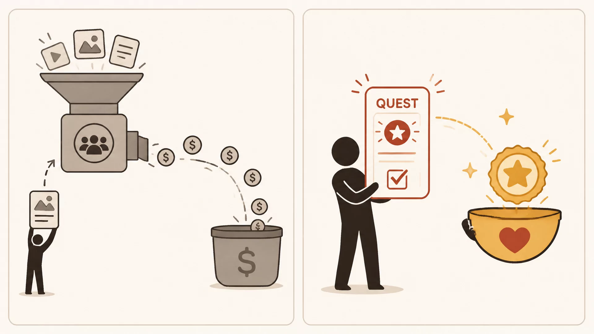 Illustration in two panels: a silhouette creator posts content up into a platform funnel whose coin earnings flow sideways into a separate receptacle out of the creator's reach, while the same creator completes a quest card directly and a reward badge flows straight into a receptacle they hold themselves.